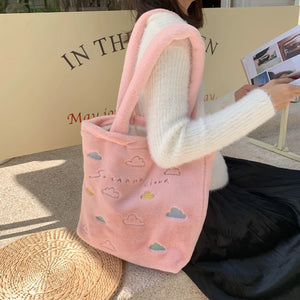 Embroidery Cloud Women's Plush Shoulder Bag Faux Lamb Wool Female Purse