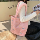 Embroidery Cloud Women's Plush Shoulder Bag Faux Lamb Wool Female Purse