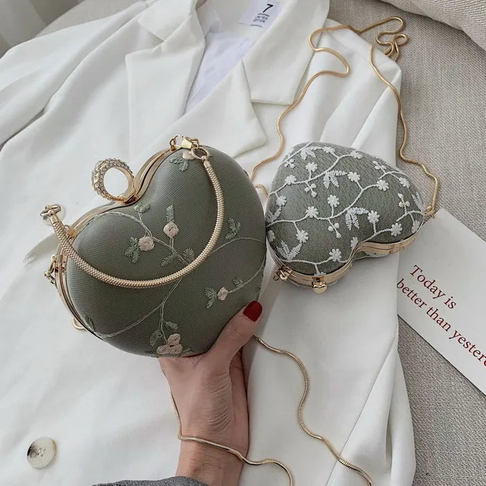 Floral Heart Clutch Evening Bag Chain Shoulder Purse for Ladies