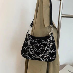 Embroidery Heart Pattern Underarm Bag Chain Tote