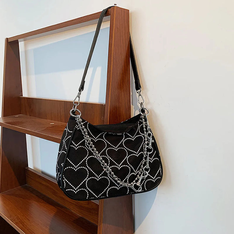 Embroidery Heart Pattern Underarm Bag Chain Tote