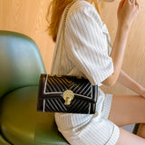 Quilted Embroidery Handbag Women PU Leather Messenger Chain Crossbody Bag