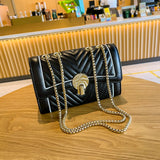Quilted Embroidery Handbag Women PU Leather Messenger Chain Crossbody Bag