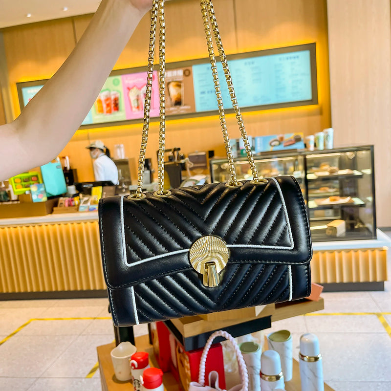 Quilted Embroidery Handbag Women PU Leather Messenger Chain Crossbody Bag
