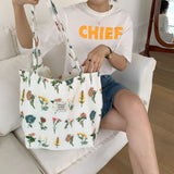 Embroidery Plants Women's Shoulder Bag Retro Flower Large Shopping Tote