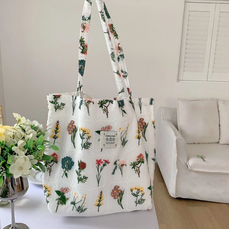 Embroidery Plants Women's Shoulder Bag Retro Flower Large Shopping Tote