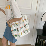 Embroidery Plants Women's Shoulder Bag Retro Flower Large Shopping Tote