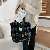 Embroidery Plants Women's Shoulder Bag Retro Flower Large Shopping Tote