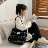 Embroidery Plants Women's Shoulder Bag Retro Flower Large Shopping Tote