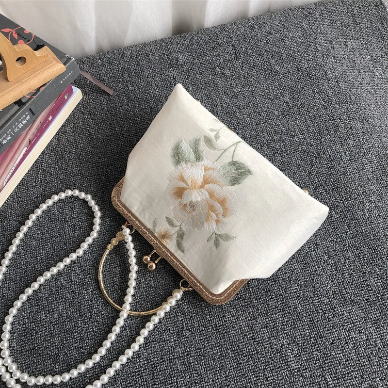 Embroidery Rose Flowers Beads Bag Women Shoulder Tote Handbags
