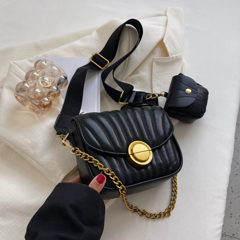 Embroidery Thick Chain Women's Handbag High PU Leather Shoulder Bag