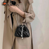 Embroidery Thread PU Small Handbags Women Chain Bucket Clutch Purse Shoulder Bag