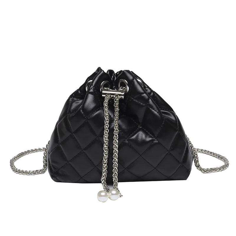 Embroidery Thread PU Small Handbags Women Chain Bucket Clutch Purse Shoulder Bag
