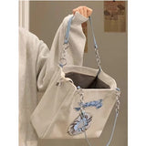 Japanese Embroidery Tote Bag Large Canvas Shopper Handbag