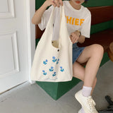 Embroidery Tulip Canvas Shoulder Bag for Women Large Capacity Ladies Casual Tote