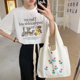 Embroidery Tulip Canvas Shoulder Bag for Women Large Capacity Ladies Casual Tote