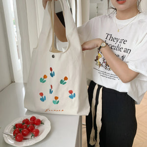 Embroidery Tulip Canvas Shoulder Bag for Women Large Capacity Ladies Casual Tote