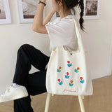 Embroidery Tulip Canvas Shoulder Bag for Women Large Capacity Ladies Casual Tote