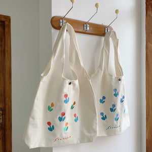 Embroidery Tulip Canvas Shoulder Bag for Women Large Capacity Ladies Casual Tote