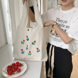 Embroidery Tulip Canvas Shoulder Bag for Women Large Capacity Ladies Casual Tote