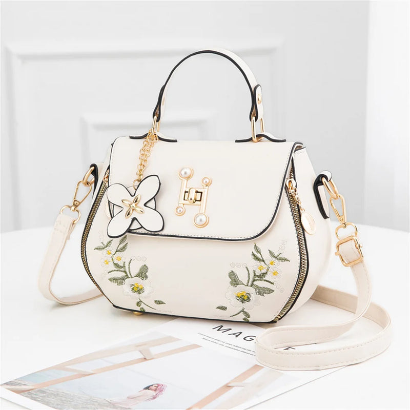 Embroidery Women Leather Handbags High Shoulder Bag Retro Tote Bag