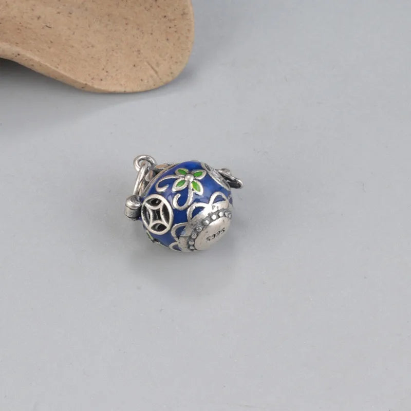 Ethnic 925 Sterling Silver Flower Pendant Retro Enamel Sachet Fragrance Bag