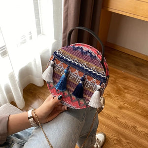 Ethnic Style Round Handbags High PU Leather Women Crossbody Bags