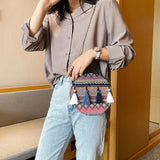 Ethnic Style Round Handbags High PU Leather Women Crossbody Bags