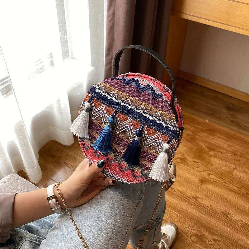 Ethnic Style Round Handbags High PU Leather Women Crossbody Bags