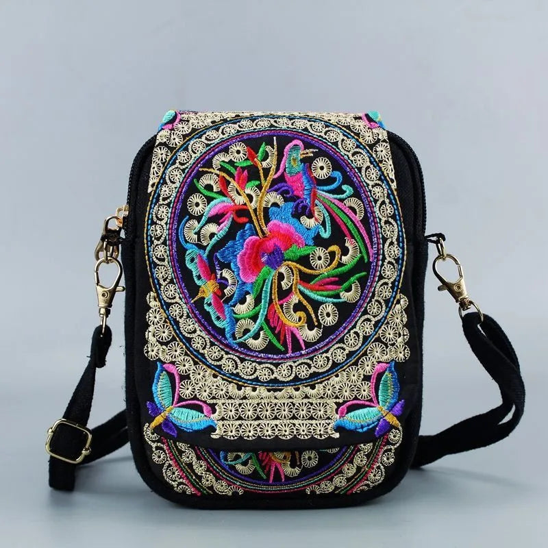 Ethnic Style Floral Embroidered Crossbody Travel Bag