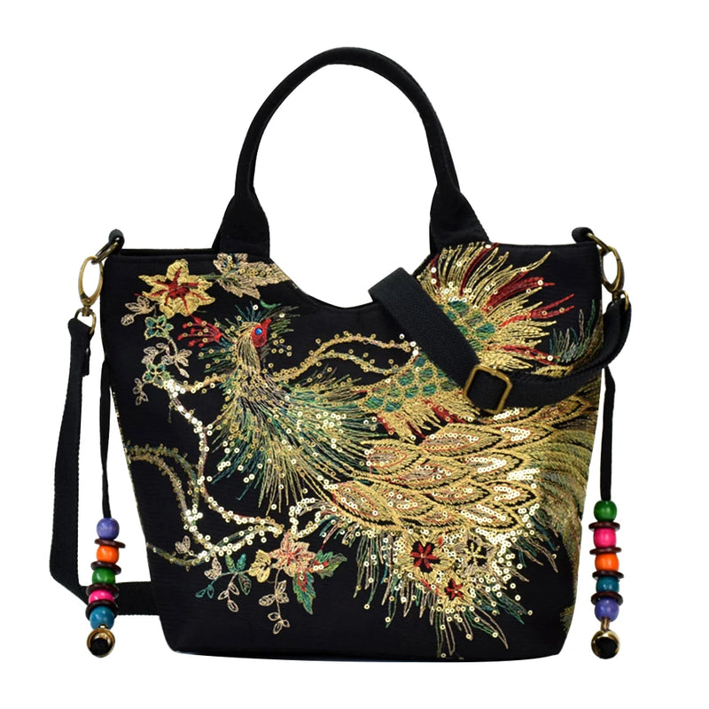 Ethnic Style Peafowl Embroidery Canvas Shoulder Bag