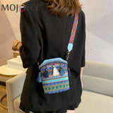 Ethnic Style Women Wide Strap Shoulder Crossbody Bucket Bag