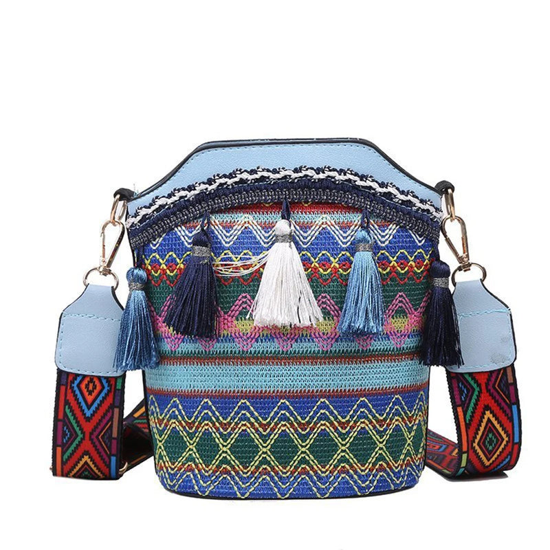 Ethnic Style Wide Strap Shoulder Bucket Bag