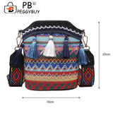 Ethnic Style Wide Strap Shoulder Bucket Bag