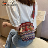 Ethnic Style Wide Strap Shoulder Bucket Bag