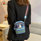 Ethnic Style Wide Strap Shoulder Bucket Bag