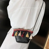 Ethnic Tassel Rattan Crossbody Bags Straw Bucket Bags Casual Retro Women Handbag