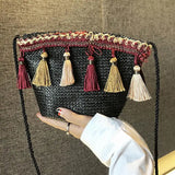 Ethnic Tassel Rattan Crossbody Bags Straw Bucket Bags Casual Retro Women Handbag