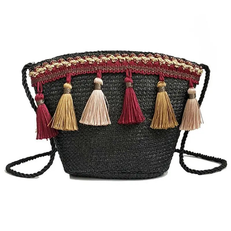 Ethnic Tassel Rattan Crossbody Bags Straw Bucket Bags Casual Retro Women Handbag