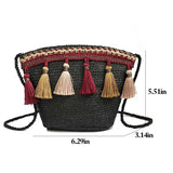 Ethnic Tassel Rattan Crossbody Bags Straw Bucket Bags Casual Retro Women Handbag