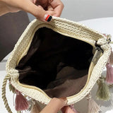 Ethnic Tassel Rattan Crossbody Bags Straw Bucket Bags Casual Retro Women Handbag