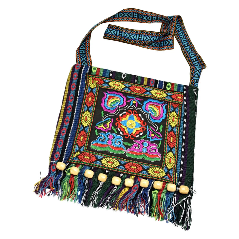 Ethnic Tribal Embroidered Shoulder Bag Zipper Closure Tassel Bags