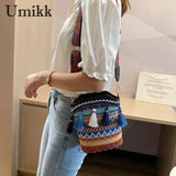 Ethnic Women Shoulder Crossbody Bag Woven Tassels Small Bucket Handbags
