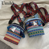 Ethnic Women Shoulder Crossbody Bag Woven Tassels Small Bucket Handbags