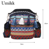 Ethnic Women Shoulder Crossbody Bag Woven Tassels Small Bucket Handbags