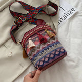 Ethnic Women Shoulder Crossbody Bag Woven Tassels Small Bucket Handbags