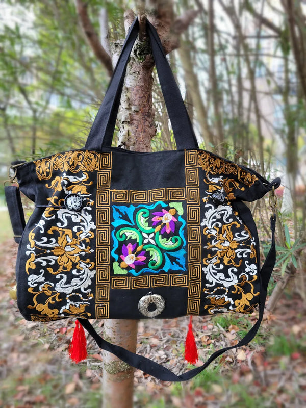 Ethnic Embroidered Canvas Crossbody Shoulder Bag with Tassel