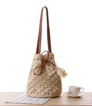 Europe and US Straw Tassel Bucket Bag, Beach Vacation Handbag