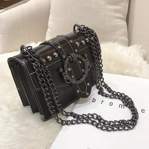 European Style PU Leather Women's Handbag with Rivet Lock and Chain Shoulder