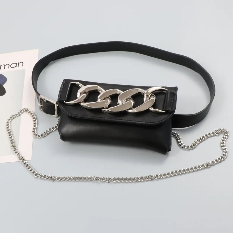 Mini Phone Waist Pack Women Chain Decorated Fanny Pack PU Leather Belt
